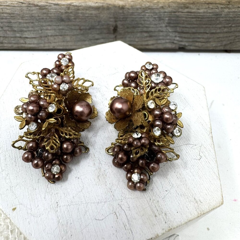 Vintage Clip-On Earrings With Faux Pearls & Rhinestones Leaf & Flower